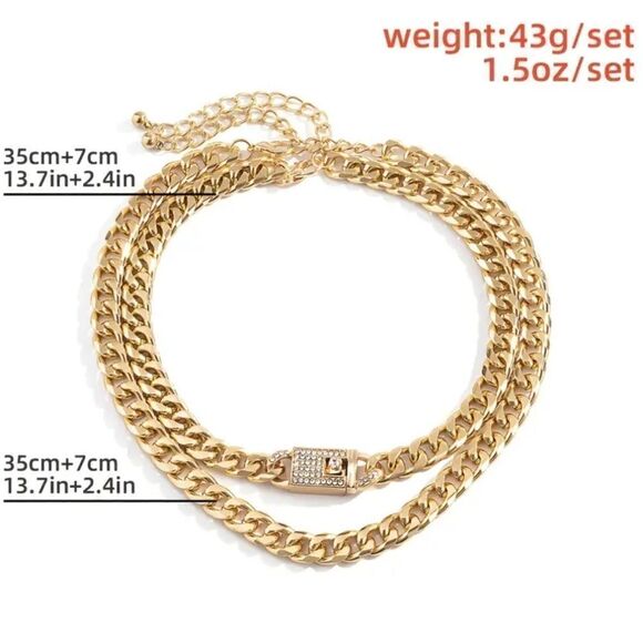 2 Pcs Statement Chunky Chain Necklace Set Inlaid with Shiny Rhinestones - Picture 6 of 11